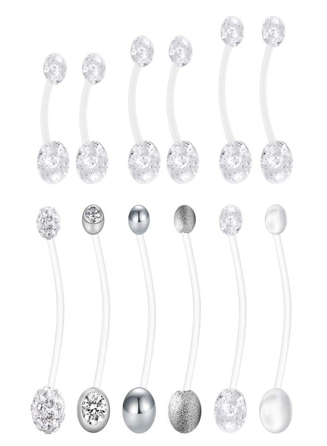JFORYOU 12pcs Belly Button Rings Navel Piercing Retainer 14G Glitter Ball Clear Flexible Acrylic Bioflex Piercing Jewelry Curved and Straight Bar Length 14mm,16mm,18mm,32mm - Image 1